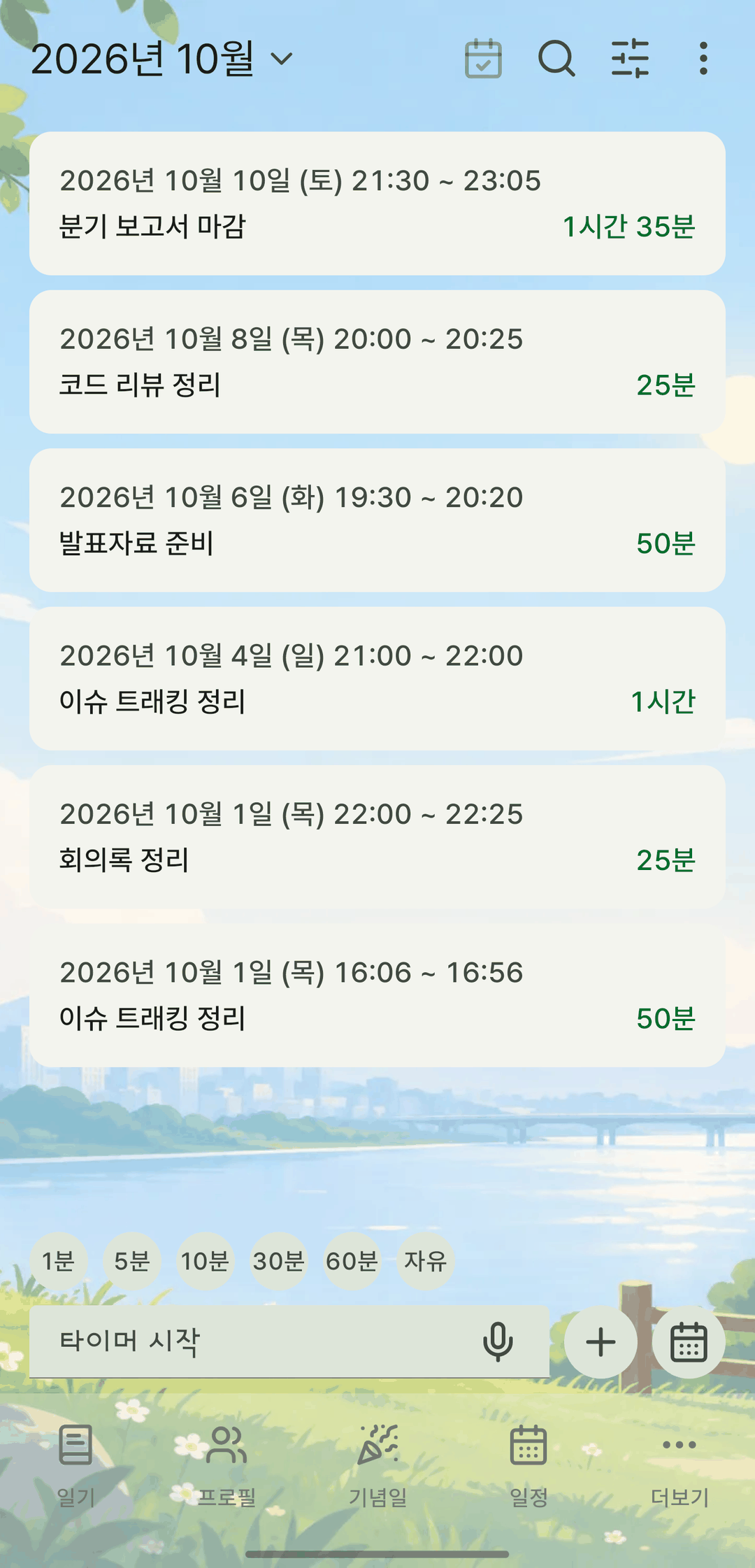 作業記録の画面。セッションごとに日付と開始〜終了の時刻、作業内容、かかった時間が一覧で並んでいる。