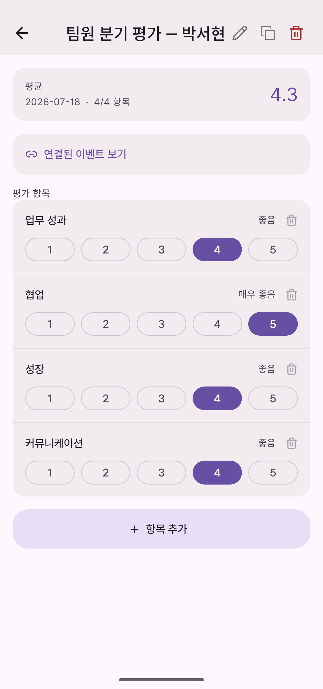 평가 시트 상세 화면. 업무 성과·협업·성장·커뮤니케이션 네 항목에 1~5점 점수가 매겨져 있고 평균이 위에 표시된다.